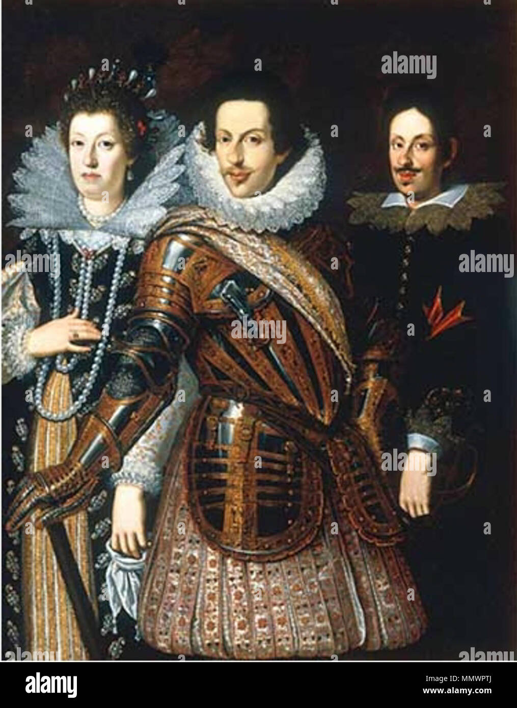 Portrait von Cosimo II de' Medici mit Frau Maria Maddalena von Österreich und ihr Sohn Ferdinand II de' Medici. ca. 1640. Cosimo II de' Medici adn Zwei Stockfoto