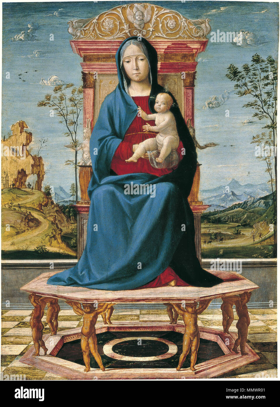 Die Jungfrau und Kind inthronisiert. ca. 1495. Lorenzo Costa-La vergine e il Bambino in trono (Museo Thyssen-Bornemisza) Stockfoto