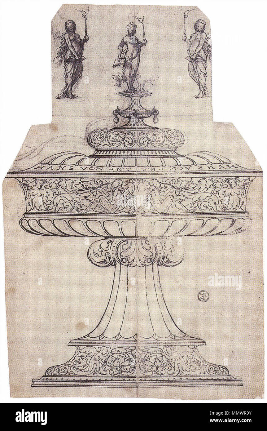 . Englisch: Für eine überdachte Gold Cup entwickelt. Feder und schwarzer Tinte über Kreide, grau Waschen auf Papier, rechte Seite, Offset, 25,1 × 16,4 cm, Kunstmuseum Basel. Dieses Design für ein Gold Cup ist mit dem Namen von Hans von Antwerpen, ein Goldschmied, Holbein bei seinem Tod im Jahre 1543 besucht und durchgeführt die Bedingungen seines wird eingeschrieben. Hans von Antwerpen arbeitete für den englischen Hof in den 1530ern und wurde mit dem hanseatischen Kaufmannsfamilie Gemeinschaft in London verbunden. Auf der Oberseite des Deckels ist die weibliche Figur der Wahrheit, welchen Holbein zieht aus drei Blickwinkeln zugunsten der Goldschmied. Wie in anderen Designs, zeichnete er nur Stockfoto