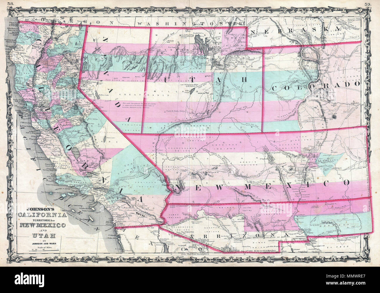 . Englisch: 1862 Johnson Karte von Kalifornien, Nevada, Utah, Colorado, New Mexico und Arizona. Eine der knappsten und historisch bedeutenden von A.J.Johnson's southwest Serie. 1862 auf der Höhe des Amerikanischen Bürgerkriegs veröffentlicht, dieses beeindruckende Karte zeigt der Zustand von Kalifornien und die Gebiete von Nevada, Utah, Colorado, New Mexico und Arizona im Südwesten der Vereinigten Staaten. Für die dritte Stand der Johnson Südwesten Karte Diese Karte unterscheidet sich erheblich von seinem Vorgänger 1861 in der Hinzufügung eines klar definierten Arrizona (ja, mit 2 "r" s) Gebiet. In der 1. Stockfoto