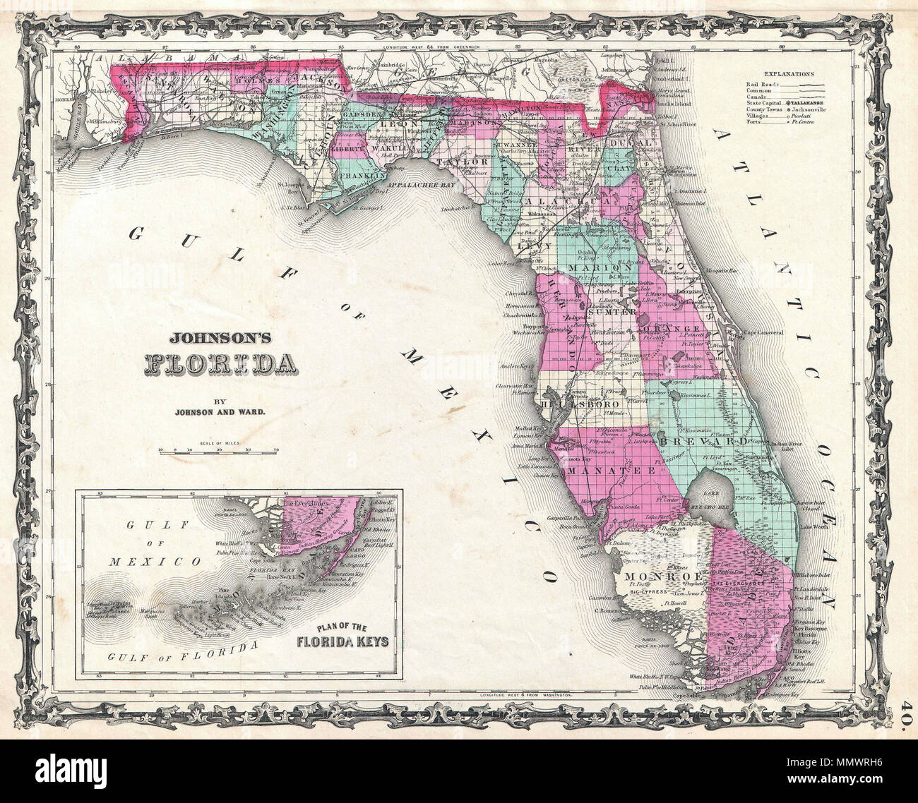 . Englisch: Ein schönes Beispiel für A.J.Johnson's Karte 1862 von Florida. Diese seltene Karte bietet eine faszinierende Momentaufnahme der sezessionistischen Zustand kurz nach dem Ausbruch des amerikanischen Bürgerkriegs. Karte zeigt den Zustand in vollem Umfang mit Farbkennzeichnung nach Grafschaft. Kartographisch diese Karte ist wahrscheinlich auf der US-amerikanischen Landvermessung Charts in der Mitte der 1850er Jahre in Betrieb genommen. Macht zahlreiche Verweise auf Indianische Stämme und Festungen und Schlachten Sites in der Seminole Kriege. Hinweise Lake Okeechobee, die Everglades, die Indische Jagdrevier, Biscayne Bay, Tampa Bay und die okefenokee Swamp. Stockfoto