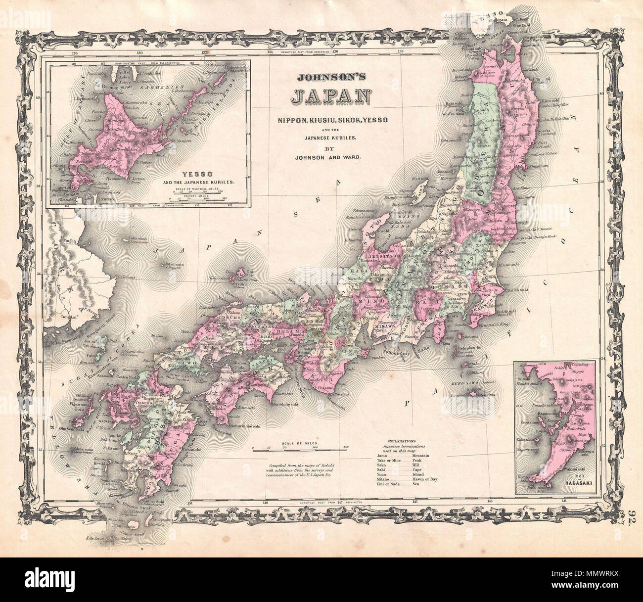 . Englisch: ein sehr schönes Beispiel für A.J.Johnson's Karte 1862 von Japan. Deckt die japanischen Inseln von Norden nach Kiusiu Yesso (Hokkaido). Bietet sehr ausführlich mit Farbe cording nach Provinz. Eine Übersichtkarte in der oberen rechten konzentriert sich auf Hokkaido oder Yesso und der japanischen Kurilen. Ein weiterer Einsatz in der rechten unteren Ecke der Bucht von Nagasaki. Funktionen der strapwork Stil Grenze gemeinsame zu Johnson von Atlas Arbeiten von 1860 bis 1863. Von A.J.Johnson und Gemeinde als Platte Nummer 92 in der Ausgabe 1862 von Johnson's Neue Illustrierte Familie Atlas veröffentlicht. Dies ist die erste Ausgabe des Stockfoto