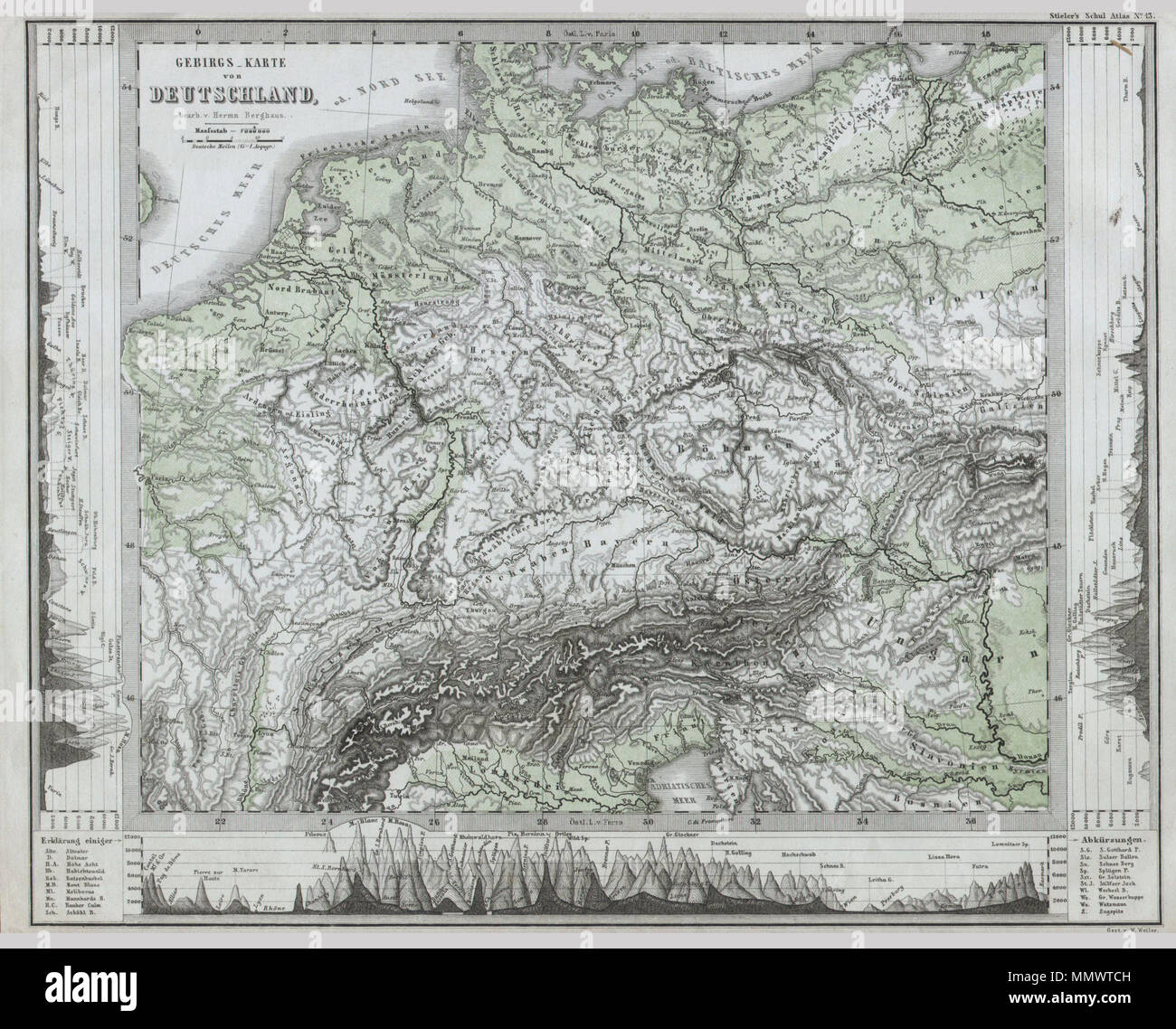 . Englisch: Diese faszinierende 1862 Karte von Justus Perthes und Stieler zeigt die Physische Geographie Mitteleuropas (oder wie es grösser Deutschland) von der Adria zur Ostsee genannt und als weit nach Westen als beligum. Städte sind zur Kenntnis genommen, aber es gibt keine politischen Unterscheidungen. In einer Anzeige der kartografischen Flair eindeutig Perthes Karten, ein Land, Höhenprofile zieren den Boden und die Seiten der Karte. Im Gegensatz zu anderen Kartographischen Verlagen für den Zeitraum, die Justus Perthes, nicht Übergang in der Lithografie Techniken. Statt dessen sind alle seine Karten sind Kupfer Platte Gravuren und damit Stockfoto . Englisch: Diese faszinierende 1862 Karte von Justus Perthes und Stieler zeigt die Physische Geographie Mitteleuropas (oder wie es grösser Deutschland) von der Adria zur Ostsee genannt und als weit nach Westen als beligum. Städte sind zur Kenntnis genommen, aber es gibt keine politischen Unterscheidungen. In einer Anzeige der kartografischen Flair eindeutig Perthes Karten, ein Land, Höhenprofile zieren den Boden und die Seiten der Karte. Im Gegensatz zu anderen Kartographischen Verlagen für den Zeitraum, die Justus Perthes, nicht Übergang in der Lithografie Techniken. Statt dessen sind alle seine Karten sind Kupfer Platte Gravuren und damit Stockfoto
