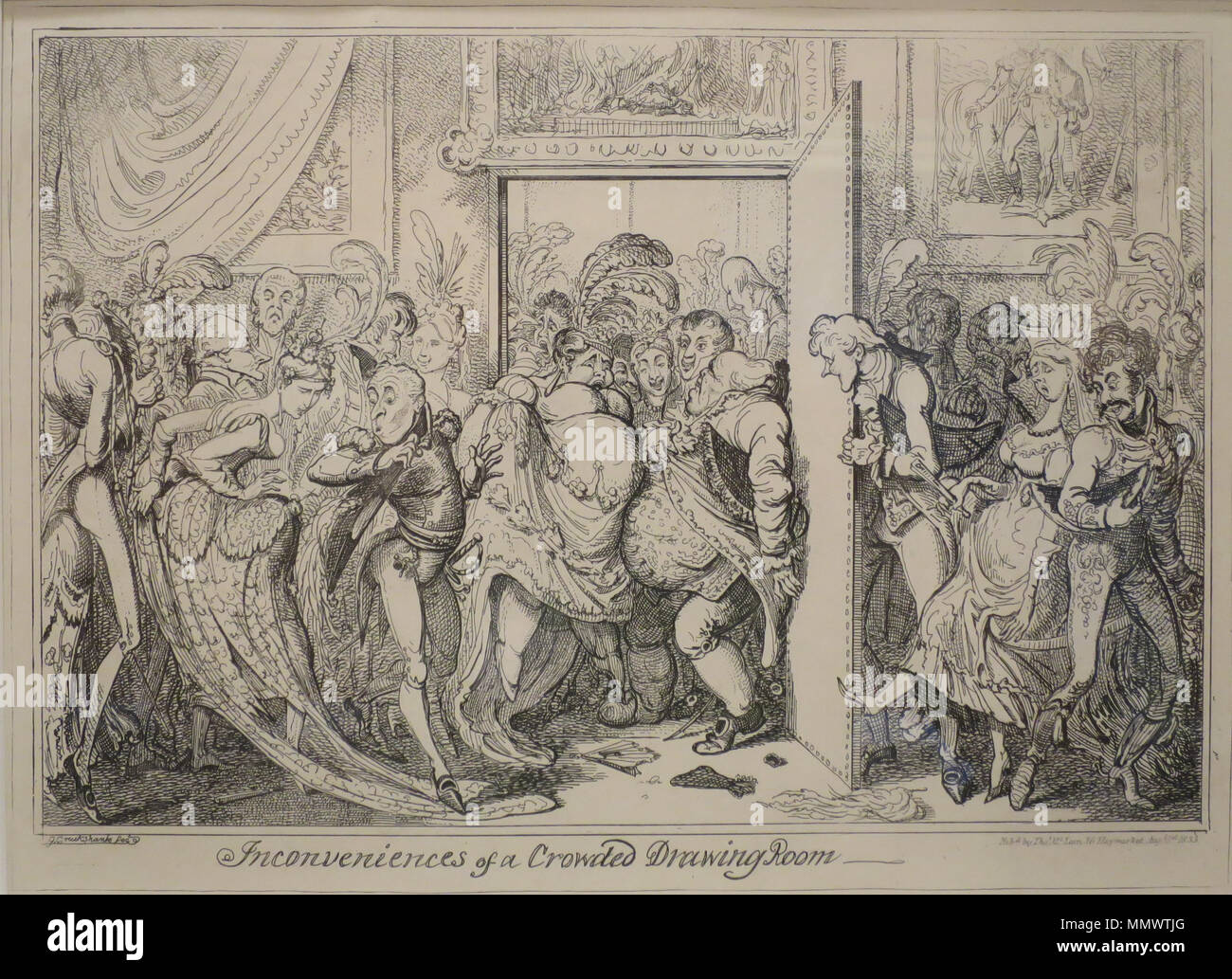Englisch: Unannehmlichkeiten einer gedrängt, Salon. 1818. George Cruikshank - Unannehmlichkeiten einer gedrängt, Salon, 1818 Stockfoto