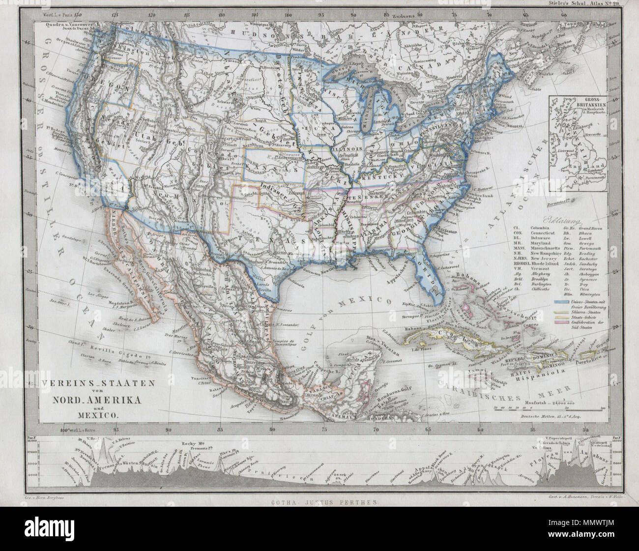 . Englisch: Diese faszinierende 1862 Karte von Justus Perthes und Stieler schildert in den Vereinigten Staaten, Mexiko und der Karibik. Auf dem Höhepunkt des Bürgerkrieges gemacht, diese Karte trennt der Union und der Konföderierten Staaten. Die Union ist Blau - Wie ist das Ganze. Die Konföderierten Staaten sind rosa. Nicht angemeldete Staaten und Territorien werden gelb dargestellt. In kartografischen Gedeihen eindeutig Perthes, land Profile schmücken die unten auf der Karte. Der Text ist in deutscher Sprache. Im Gegensatz zu anderen Kartographischen Verlagen für den Zeitraum, die Justus Perthes, nicht Übergang in der Lithografie Techniken. Stattdessen sind alle Stockfoto