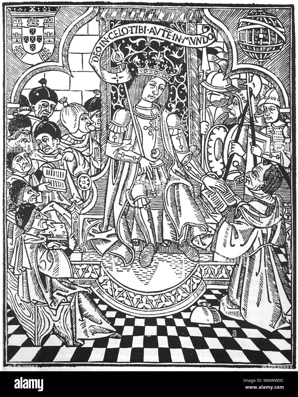 D.Manuel I assistido de letrados e Ofícios militares (Livro dos da Corte e da Casa de Suplicação, LIVRO ich das Ordenações d'El-Rei D.Manuel, Lisboa, João Pedro Bonhomini de Cremona, 1514) Stockfoto