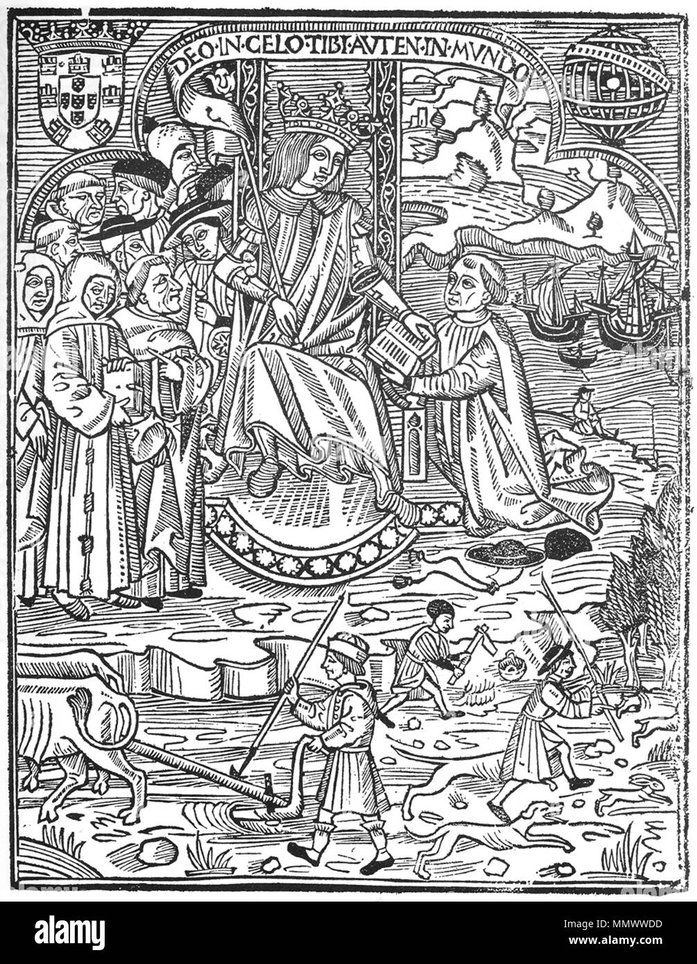 D.Manuel I com als Ordens religiosas (Livro das leis e ordenanças tocante às Igrejas, Livro II das Ordenações d'El-Rei D.Manuel, Lisboa, João Pedro Bonhomini de Cremona, 1514) Stockfoto