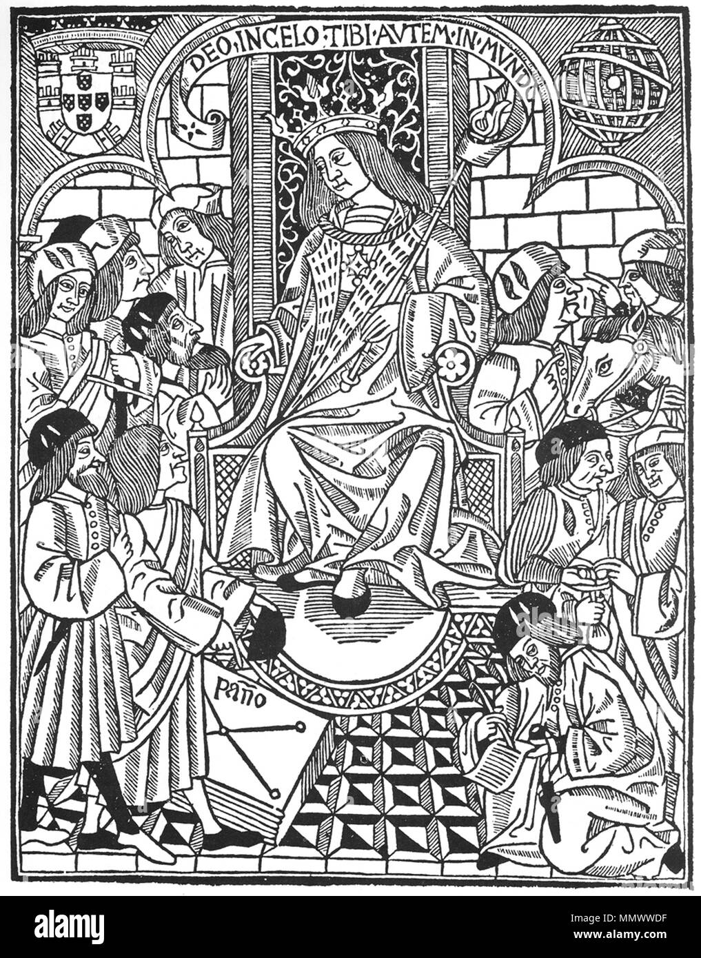 D.Manuel I em despacho com escrivães (Livro dos contratos e testamentos, Livro IV das Ordenações d'El-Rei D.Manuel, Lisboa, João Pedro Bonhomini de Cremona, 1514) Stockfoto