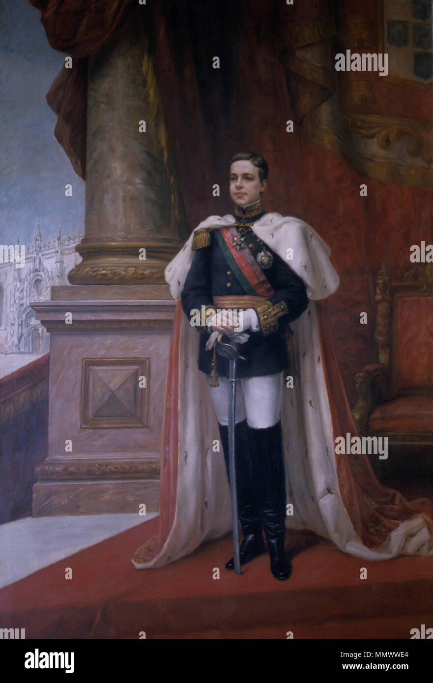 . Englisch: Porträt von König Manuel II. von Portugal in Lissabon Rathaus (1908), von Veloso Salgado. Português: Retrato de D. Manuel II, nos Paços do Concelho de Lisboa (1908), por Veloso Salgado. D.Manuel II (1908) - veloso Salgado Stockfoto