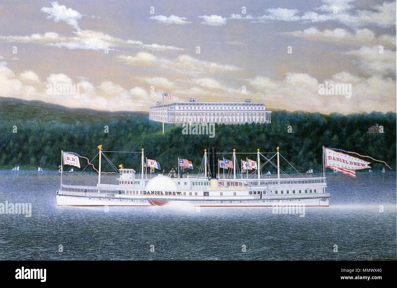 . Englisch: Daniel Drew, Hudson River steamboat gebaut, 1861, Öl auf Leinwand Gemälde von James Bard. Zu der Zeit dieses Bild gemacht wurde, dieses Schiff war nicht mehr von Daniel Drew besessen. Im Hintergrund ist der Prospect Park Hotel, Catskill, New York entfernt wurde. . 1874. James Bard (1815 - 1897) Alternative Namen James Bard; Jak bard Beschreibung amerikanischer Maler Geburtsdatum / Tod 15. Oktober 1815 vom 26. März 1897 Lage der Geburt / Tod New York White Plains Authority control: Q 6129357 VIAF:?:? ISNI 57435671 0000 0000 6677 881 X ULAN:?? Nr 500006629 LCCN: 91039953 GND:? 1200 Stockfoto