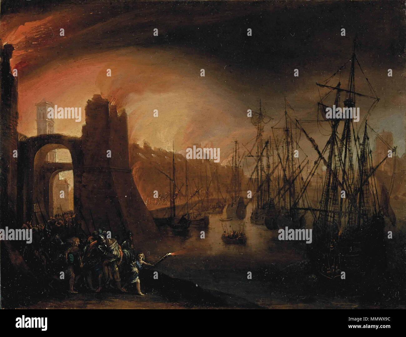 Äneas Flucht aus brennenden Troyleading zu einer Stadt. zwischen 1627 und 1664. Daniel van Heil - Aeneas auf der Flucht aus dem brennenden Troja Stockfoto