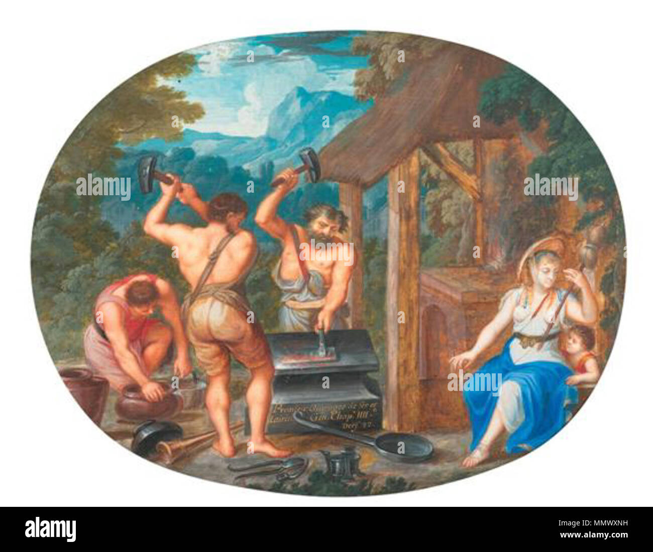 . Das eherne Zeitalter. Gestorben sind, 17. Jh. Gouache auf Papier. 24,5 x 32 cm (oval). 17. Jahrhundert. Anonym (Französisch) Das eherne Zeitalter (F 17 Jh) Stockfoto