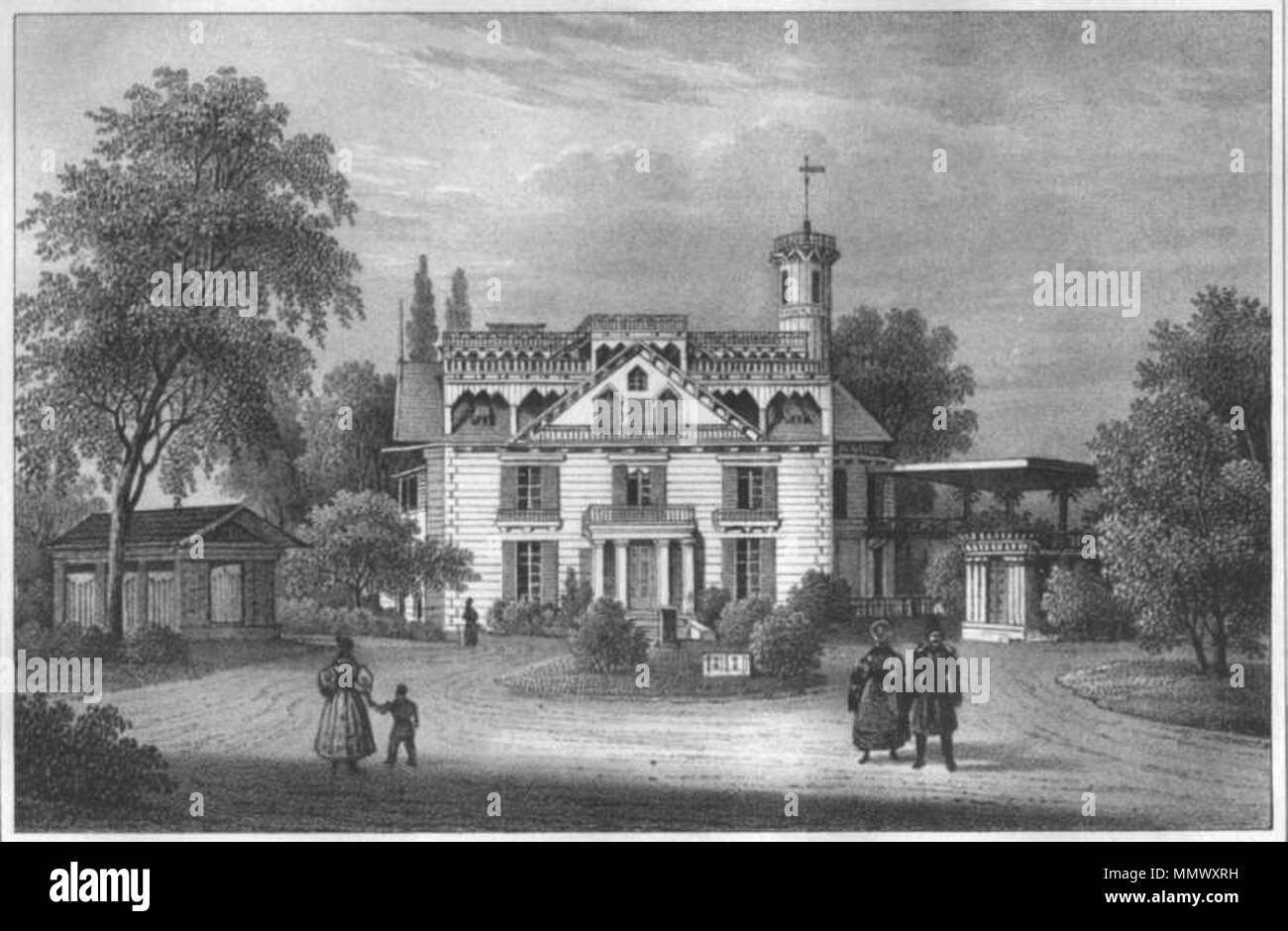 . Aus der axonia' von Arldt. Das ou Putiatin'sche Landhaus zu Zschachwitz, Lithographie, Dresden, Pietzsch & Comp. 1837. 14 x 21 cm. Das Bild zeigt das Landhaus des Fürsten Nikolaus Abramowitsch Putjatin in Klein-Zschachwitz Allenstein. . 1837. Carl Wilhelm Arldt DAS OU PUTIATINSCHE LANDHAUS ZU ZSCHACHWITZ AUS SACHSEN V. ARLDT 1837 Stockfoto