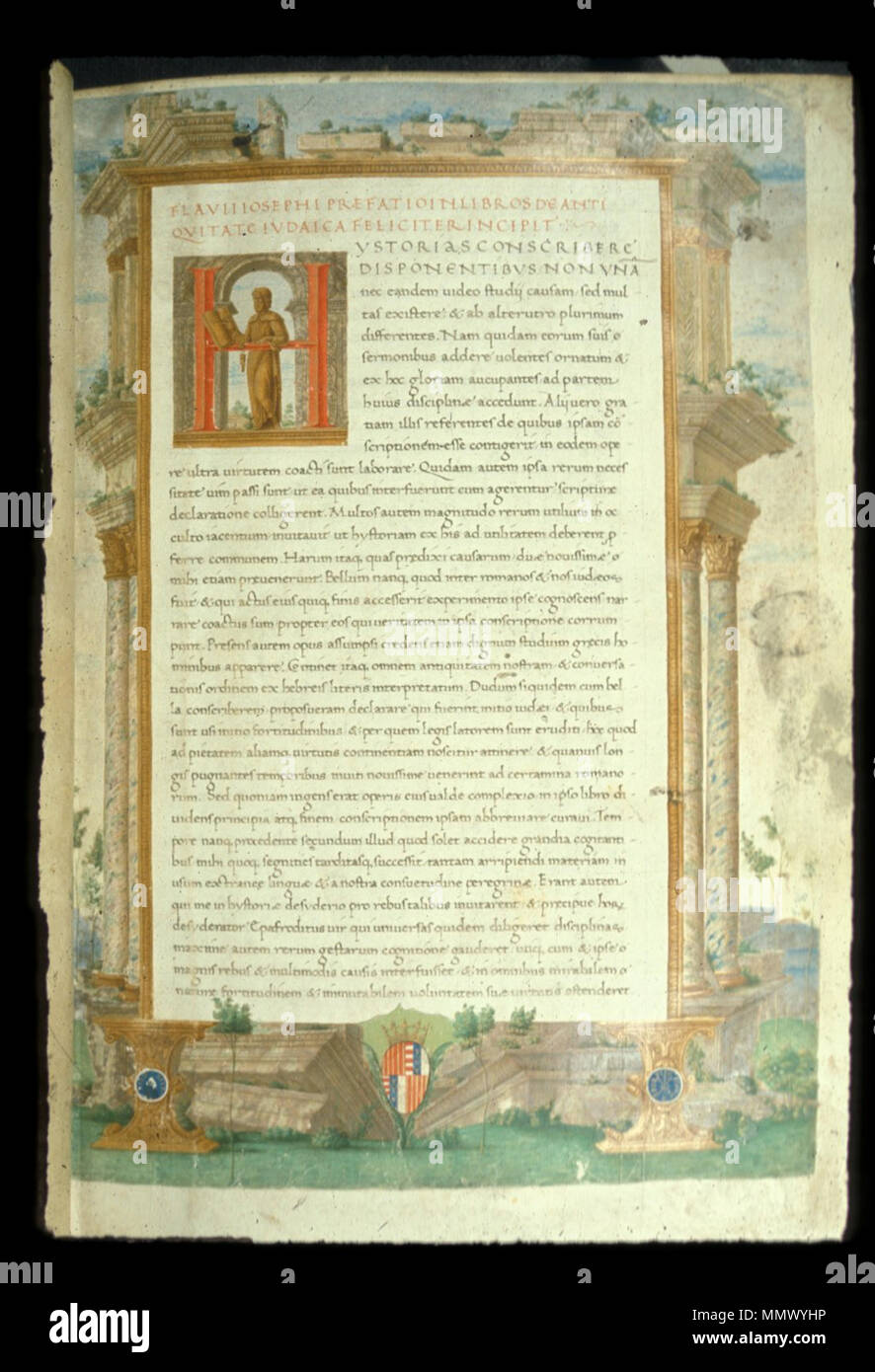Français: Frontispice d'un manuscrit des Antiquités de judaïques Flavius Joseph. ca.1478. De Antiquitates Judaicae-BL Harley 3699 f1 Stockfoto