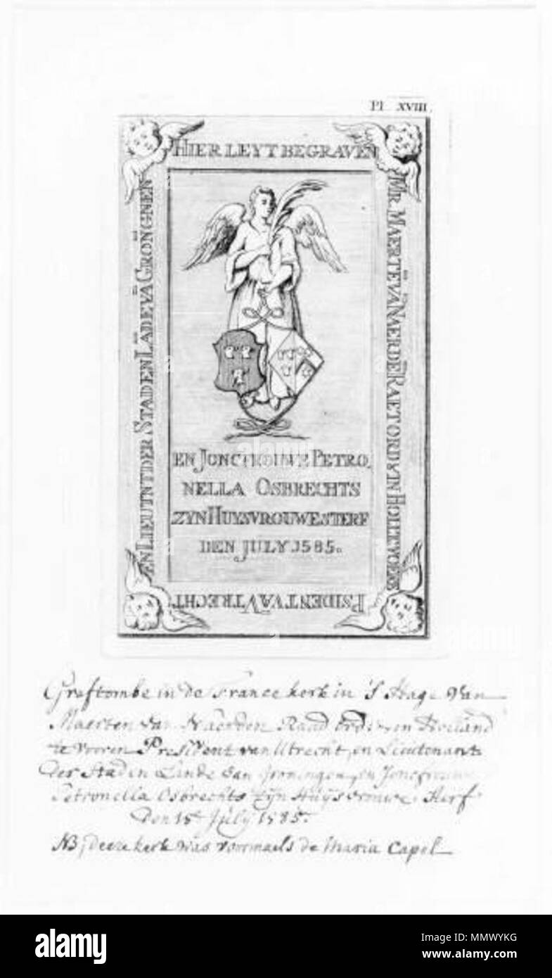 . Nederlands: De grafzerk van Maerten van Naerden, raad-ordinaris in Holland (overl. 1566) en zijn Osbrechts echtgenote Petronella (overl. 1585), ontdekt tijdens de opgravingen in de Hofkapel op het Binnenhof in 1770. . 1778. Philips, Casper Jacobsz. (1732-1789) naar A. Frese (1714-178 De grafzerk van Maerten van Naerden Stockfoto