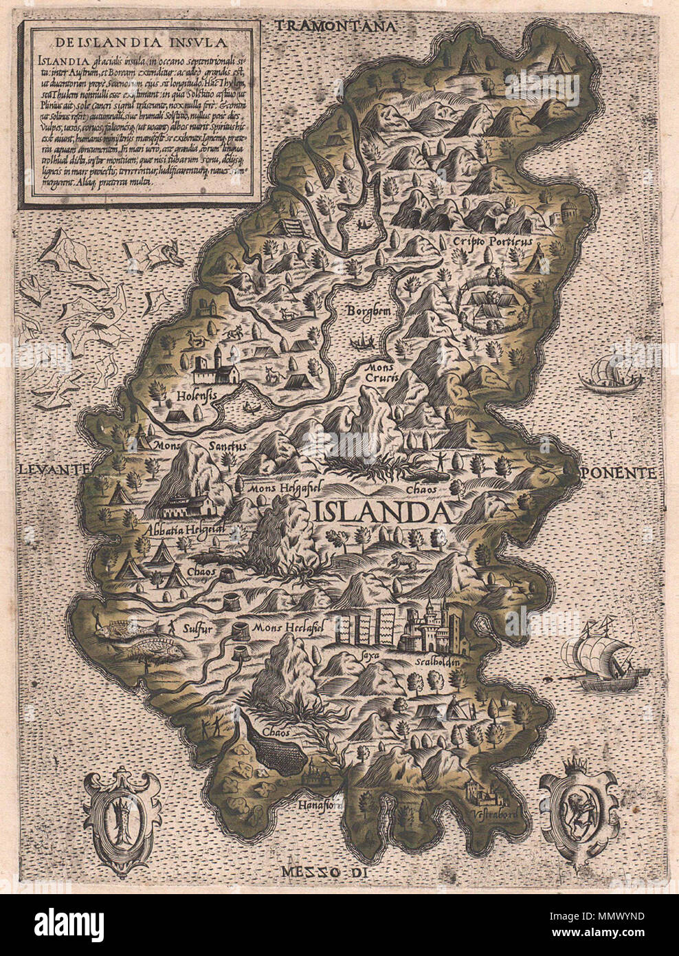 . Français: Carte de l'Islande datée de 1570. . 1570. Unbekannte De Islandia Insvla - 1570 Stockfoto