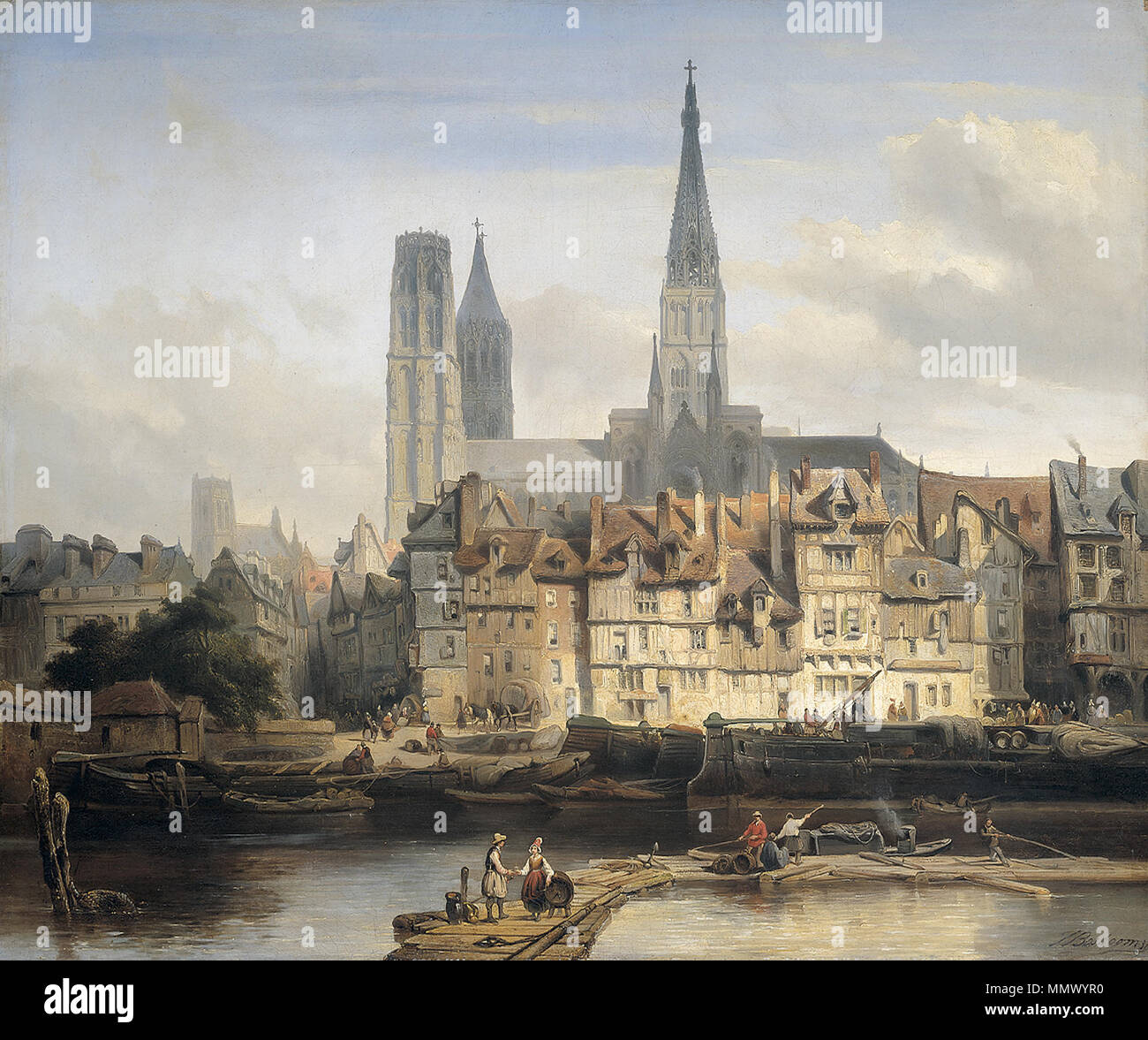 Am Quai de Paris in Rouen. Alternative Titel(s): Blick auf Paris Quay und der Kathedrale von Rouen. 1839. De Parijse kade in Rouen Stockfoto