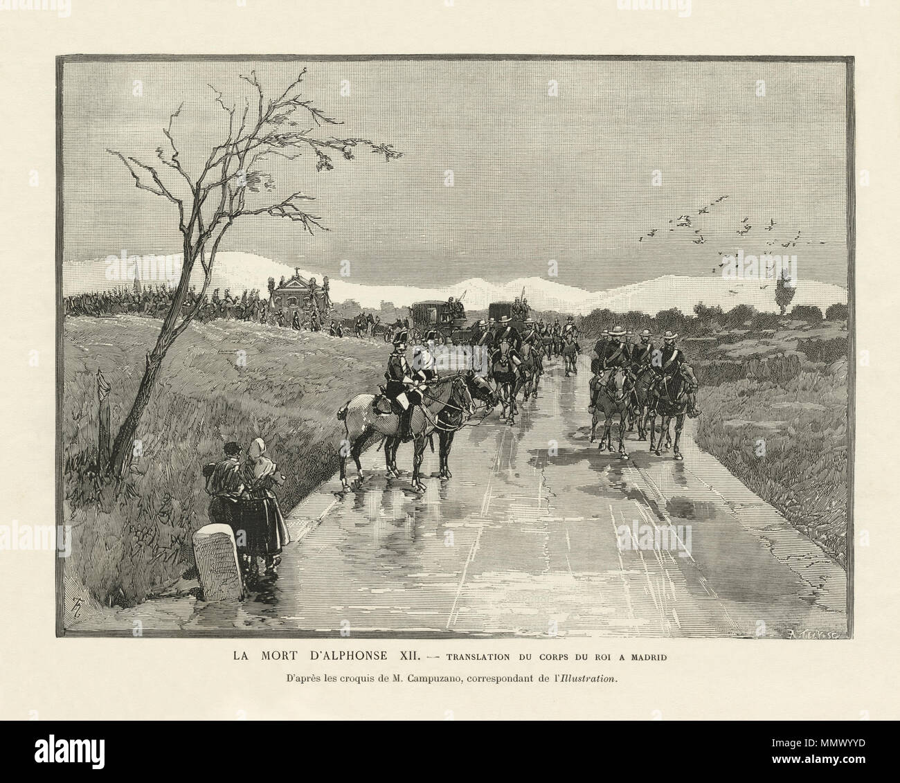 . Englisch: Bild der Trauerzug von König Alfonso XII von Spanien nach Madrid. Text lautet: "LA MORT D'ALPHONSE - Übersetzung du corps du Roi eine Madrid. D'après les Croquis de M. Campuzano, Korrespondent de l'Illustration". Vom 5. Dezember 1885. Auguste Tilly, Stecher, nach Darstellung von Herrn Campuzano Tod von König Alfonso XII von Spanien Stockfoto