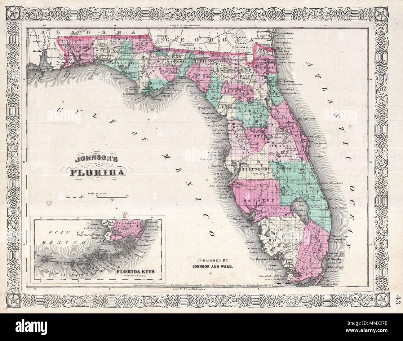 . Englisch: Ein schönes Beispiel für A.J.Johnson's Karte 1866 von Florida. Diese seltene Karte bietet eine faszinierende Momentaufnahme der sezessionistischen Zustand kurz nach dem Ende des amerikanischen Bürgerkrieges. Karte zeigt den Zustand in vollem Umfang mit Farbkennzeichnung nach Grafschaft. Kartographisch diese Karte ist wahrscheinlich auf der US-amerikanischen Landvermessung Charts in der Mitte der 1850er in Betrieb genommen. Macht zahlreiche Verweise auf Indianische Stämme und Festungen und Schlachten Sites in der Seminole Kriege. Hinweise Lake Okeechobee, die Everglades, die Indische Jagdrevier, Biscayne Bay, Tampa Bay und die okefenokee Swamp. Umgebungslichtsensor Stockfoto