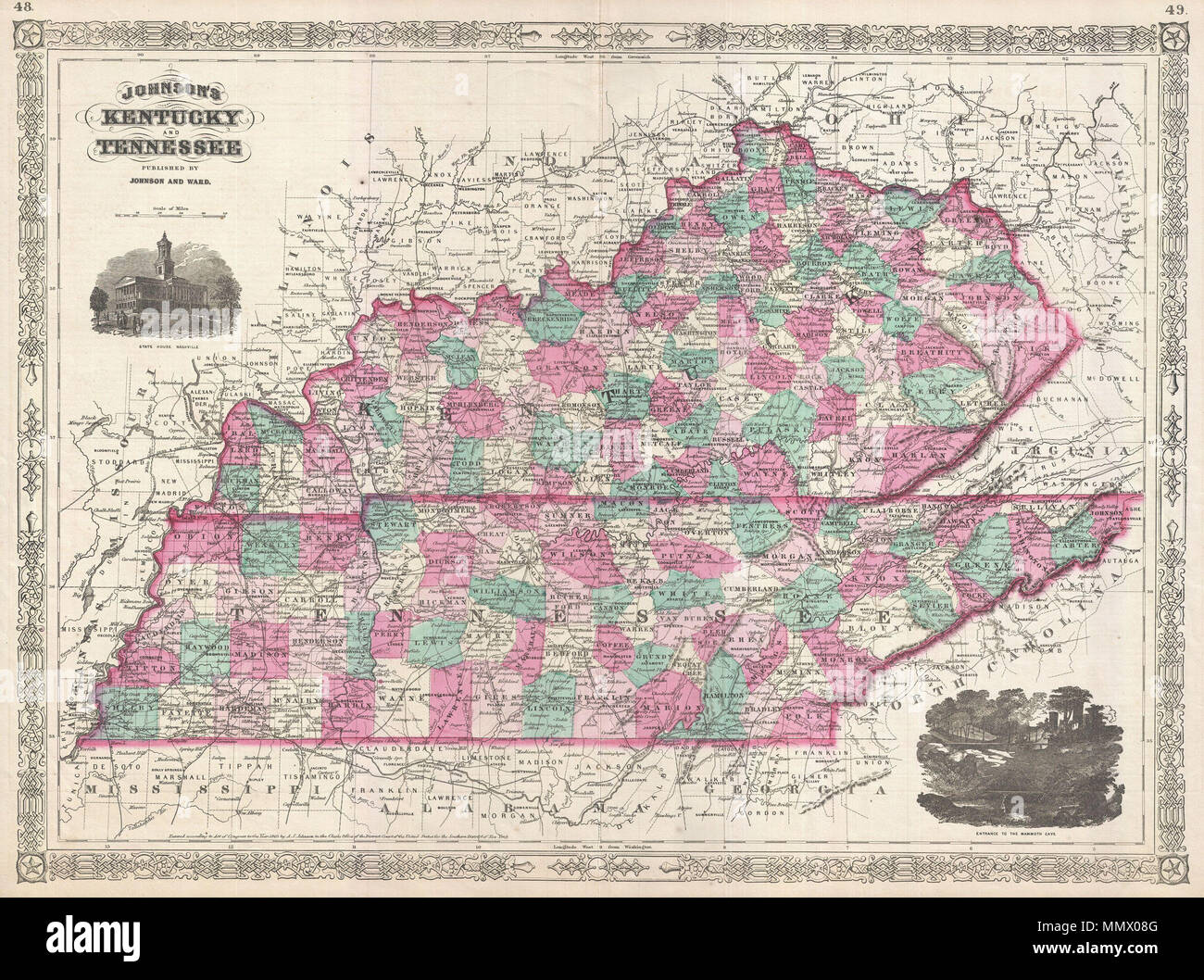 . Englisch: Ein schönes Beispiel für A.J.Johnson's Karte 1866 von Kentucky und Tennessee. Stellt Johnson's dritte Iteration dieser Karte, die er in der 1865 aktualisierten Änderungen zu diesen abtrünnigen Staaten zu reflektieren nach dem Amerikanischen Bürgerkrieg. Karte zeigt beide Staaten in vollem Umfang mit Farbkennzeichnung nach Grafschaft. Inset Blick auf das Nashville State House und dem Eingang zum Mammoth Cave die Karte in der linken oberen und rechten unteren Quadranten, bzw. verzieren. Funktionen der eckappliken Stil Grenze gemeinsame zu Johnson von Atlas Arbeiten von 1863 bis 1869. Von A.J.Johnson und Gemeinde als Seitenzahlen veröffentlicht. Stockfoto