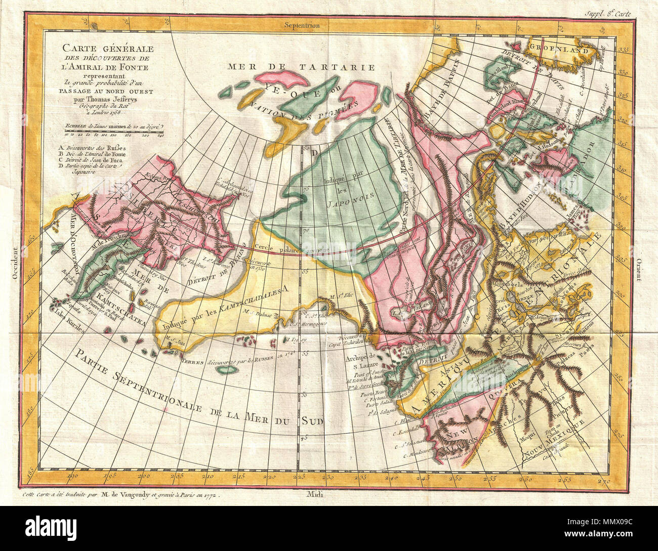 . Englisch: Eine wirklich faszinierende 1772 Karte von der nordwestlichen Teilen von Nordamerika von Robert de Vaugondy und Thomas Jefferys. Zeigt im Wesentlichen die nordöstlichen Teile von Asien, Spekulationen auf nordwestliche Nordamerika, und Admiral De Fonte des mythischen Konzeption einer Nord-West-Passage. Stark auf frühere Arbeiten von Thomas Jefferys, Thomas Swaine Drage, Gerhard Müller, und James De Lisle. Vaugondy bereit, diese Karte vor die Reisen von James Cook in die Region. Um diese Zeit war Europa grassierenden mit Spekulationen sowohl über das Bestehen einer Nord-West-Passage und die nordwestlichen Pa Stockfoto