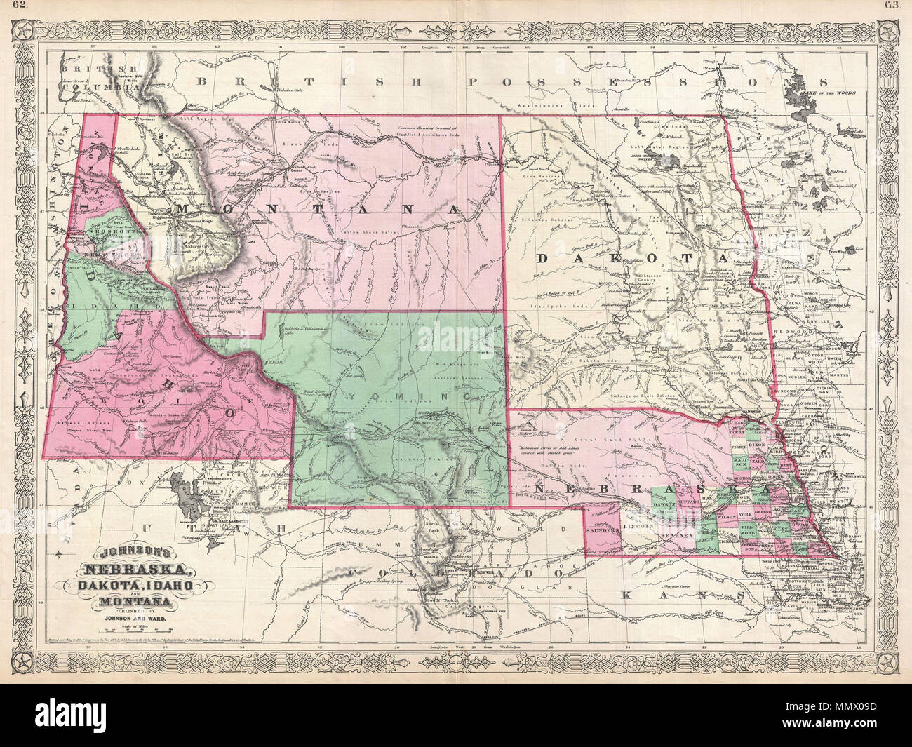 . Englisch: Dies ist Johnson und Ward's bedeutende Karte 1866 der Idaho, Montana, Wyoming, Dakota und Nebraska. Johnson, die zum ersten Mal diese Karte im Jahr 1865 ein erneutes Interesse an der Region nach dem Ende des amerikanischen Bürgerkrieges. Während des Bürgerkriegs Zeitraum die große Washington und Nebraska Gebiete, in kleinere Gebiete, einschließlich Idaho (1863), Montana (1864) und Dakota (1861) geteilt worden war. Wenn auch weitgehend von verschiedenen Indianischen Nationen kontrolliert, war diese Region zunehmend attraktiv für die Ansiedlung und Entwicklung. Die vorgeschlagenen Gouverneur Steven Stockfoto