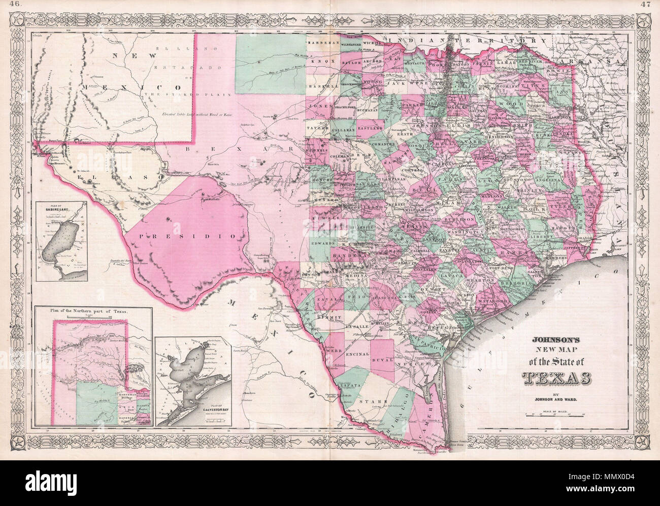 . Englisch: Ein außergewöhnliches Beispiel für A.J.Johnson's höchst wünschenswert, Karte von Texas. Kurz nach dem Amerikanischen Bürgerkrieg, diese außergewöhnliche folio Karte Details der Staat Texas in voller erstellt. Identifiziert die erhöhten Tisch landet, der El Llando Estadado (angebunden), die US-Mail Route, zahlreiche geographische Notationen und Farbkennzeichnung nach Grafschaft. El Paso, Presidio und Behar Grafschaften sind gigantisch und viel von den westlichen Teil des Staates besetzen. Einsätze im unteren linken Quadranten detail Sabine See (mit tiefenangaben), Galveston Bay (aus der U.S.C.S.) und der nördlichen p Stockfoto