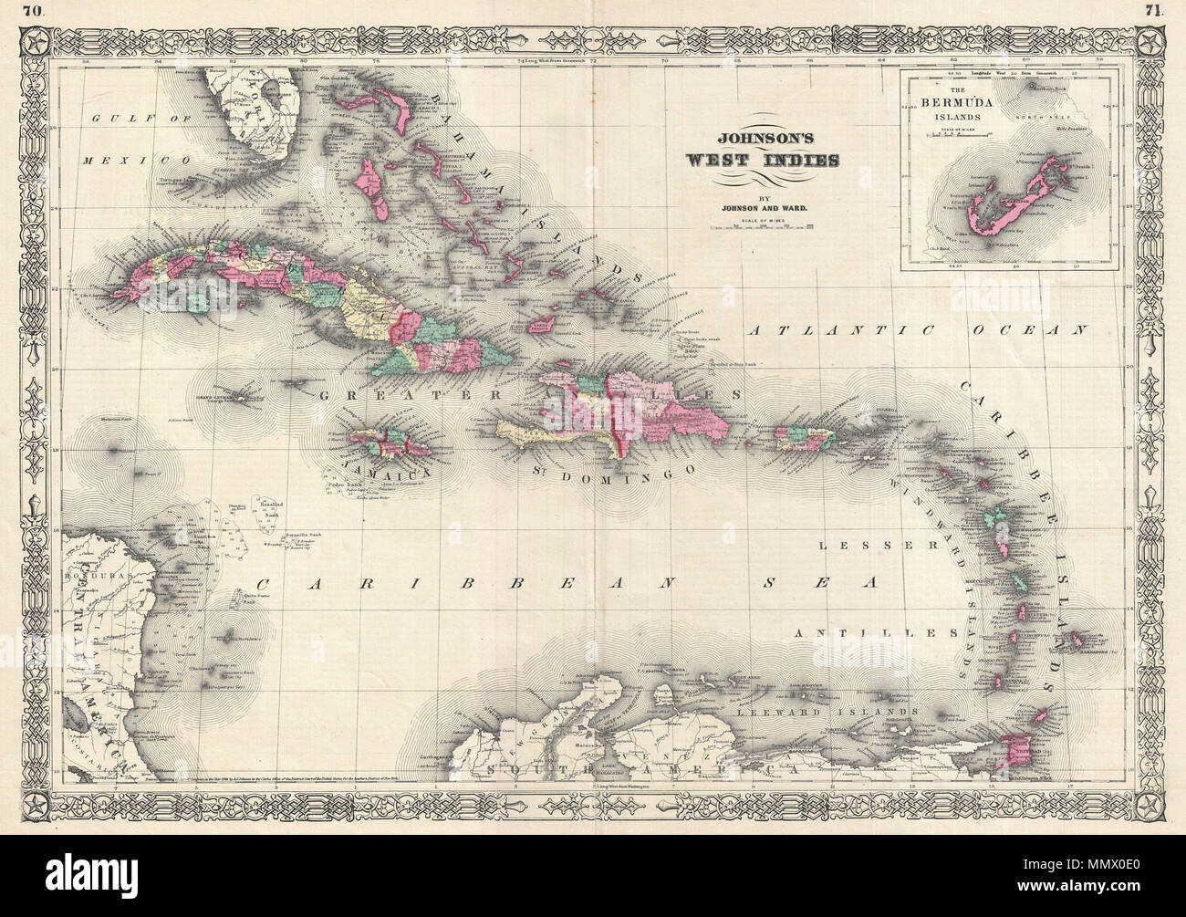 . Englisch: Ein schönes Beispiel für A.J.Johnson's Karte 1866 der West Indies. Abdeckungen von Florida bis Venezuela und von Honduras nach Barbados. Enthält die Bahamas, Kuba, Jamaika, Santo Domingo (Hispaniola), Porto Rico, und die Kleinen Antillen oder Windward Inseln. Eine Einfügung von Bermuda erscheint in der oberen rechten Quadranten. Verfügt über einige offshore Detail mit tiefenangaben in der Pedro Bank aus Jamaika, vor der Küste von Nicaragua und im Bahama Bank. Größere Inseln verfügen über die Farbkennzeichnung nach Bezirk. Im gesamten, Johnson identifiziert verschiedene Städte, Dörfer, Flüsse und Zusammenstellung der Linux-migration Stockfoto