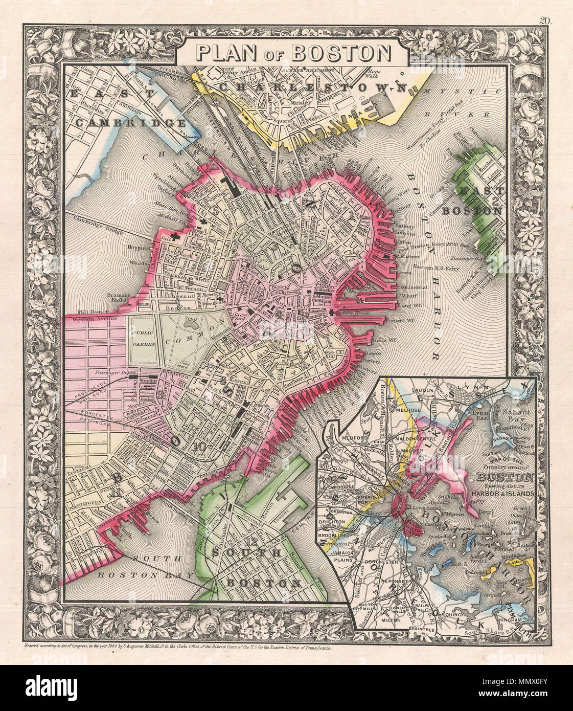 . Englisch: Ein schönes Beispiel für S. A., Mitchell's Junior Karte 1866 in Boston, Massachusetts. Zeigt Boston zusammen mit Teilen von Cambridge, Charlestown, East Boston, und South Boston. Bietet wunderbaren Details auf der Straßenebene, einschließlich Hinweise auf Parks, einzelne Straßen, Eisenbahnen, Piers, Fähren und wichtigen Gebäuden. Gefärbt mit Pastell Codierung gemäß Stadt Bezirke. Eine Einfügung im rechten unteren Quadranten zeigt Boston Harbor und der größeren Raum Boston. Umgeben von der schönen floralen Grenze gemeinsame zu Mitchell zwischen 1860 und 1865 Atlanten. Diese Variante unterscheidet sich von früheren Stockfoto