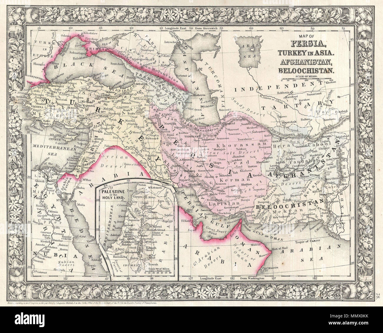 . Englisch: Ein schönes Beispiel für S. A. Mitchell Jr.'s Karte 1866 der Türkei, Persien, Beloochistan und Afghanistan. Deckt die modernen Nationen der Türkei, Iran, Irak, Syrien, Jordanien und in Afghanistan. Im unteren linken Quadranten verfügt über Palästina oder im Heiligen Land. Einer der attraktiveren American atlas Karten dieser Region in der Mitte des 19. Jahrhunderts zu erscheinen. Funktionen der florale typisch für Mitchell Karten aus dem Zeitraum 1860-66. Von S. A. Mitchell Jr. für Aufnahme in die Platte 78 in der 1866 Ausgabe von Mitchell's Neue allgemeine Atlas vorbereitet. Veraltet und urheberrechtlich geschützt," eingetragen nach dem Gesetz Stockfoto