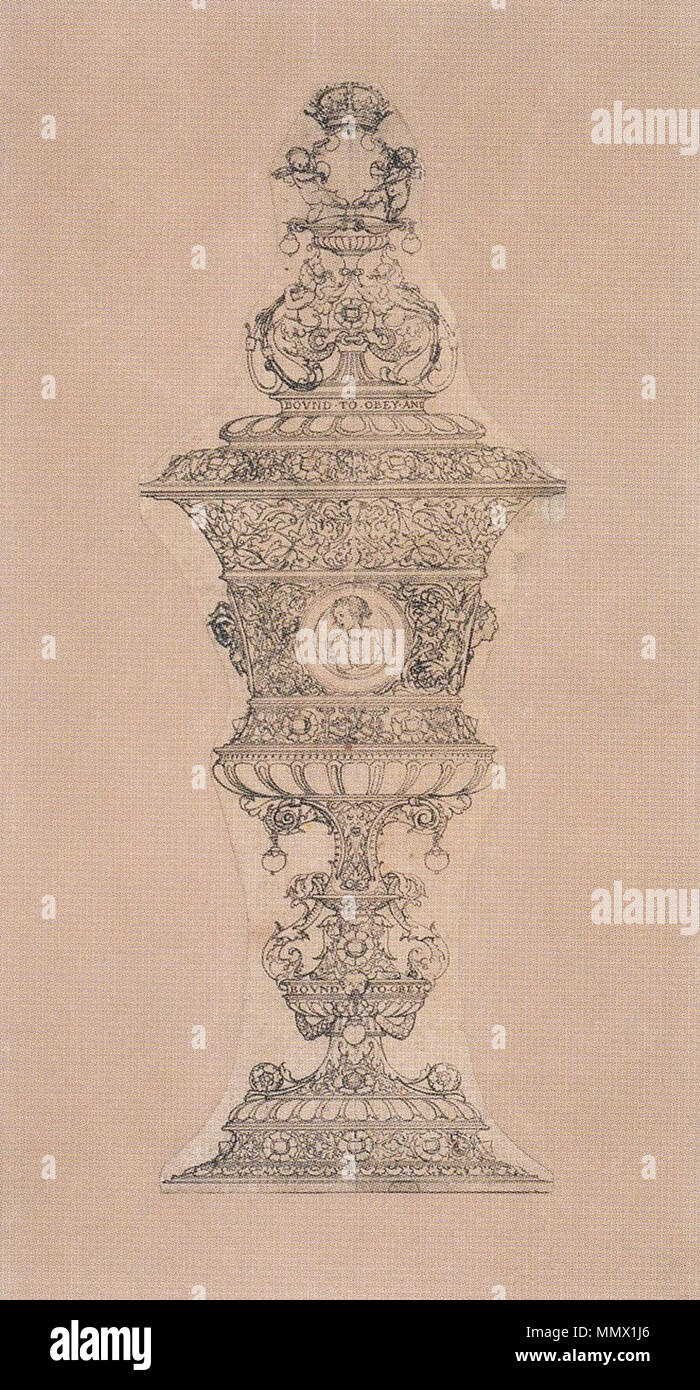 . Englisch: Final Design Design für eine Schale für Jane Seymour. Pen und der Pinsel, Tusche auf Papier, 37,6 x 15,5 cm, das British Museum. Das Design ist für eine eindrucksvolle Gold Cup von Queen Jane Seymour, von Henry VIII, den sie am 30. Mai 1536 verheiratet vorgelegt werden. Die King's und Initialen Queen's in der Liebe sind Knoten verschlungen, und Jane's Motto "gebunden zu gehorchen und dienen" wird auf dem Deckel und den Fuß. Die daraus resultierende Cup wird in Henrys Inventar beschrieben als "faier Ständigen cuppe Gold garniert mit diamounts und Perlen" (Foister, S. 87). Das ist der Entwurf für die Schale, die fi Stockfoto