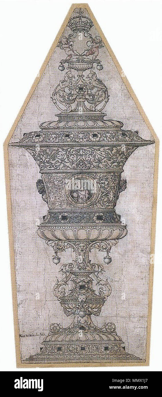 . Englisch: das vorläufige Design Design für eine Schale für Jane Seymour. Tusche und Kreide auf Papier mit Grau und Rosa wäscht und Gold gehöht, 37,6 × 15,5 cm, das Ashmolean Museum, Oxford. Das Design ist für eine eindrucksvolle Gold Cup von Queen Jane Seymour, von Henry VIII, den sie am 30. Mai 1536 verheiratet vorgelegt werden. Die King's und Initialen Queen's in der Liebe sind Knoten verschlungen, und Jane's Motto "gebunden zu gehorchen und dienen" wird auf dem Deckel und den Fuß. Die daraus resultierende Cup wird in Henrys Inventar beschrieben als "faier Ständigen cuppe Gold garniert mit diamounts und Perlen" (Foister, S. 87). Dies ist die Stockfoto