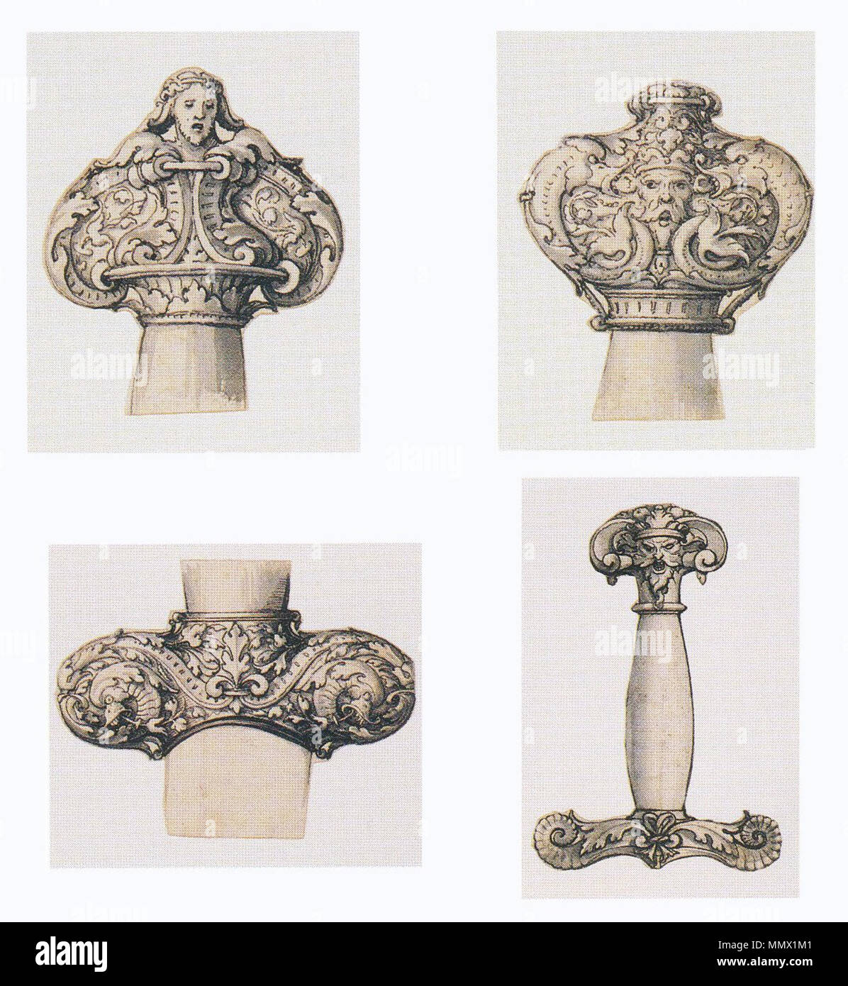 . Englisch: Vier Entwürfe für Teile der Dolche, und waschen Sie die Tinte auf dem Papier, das British Museum, London. (Im Uhrzeigersinn von links oben) Design für einen Dolch Knauf mit Christus den Kopf 5,2 × 4,6 cm. Design für einen Dolch Knauf mit Fisch und eines Mannes Kopf, 5,3 × 4,6 cm. Design für einen Dolch Griff und Knauf mit der Man Kopf, 12,7 × 8,6 cm. Design für einen Dolch Guard mit Fisch, 6 x 7,8 cm. . 1532 - 43. Hans Holbein (1497/1498-1543) Alternative Namen: Hans Holbein der Jüngere, Hans Holbein Beschreibung deutscher Maler und Zeichner Geburtsdatum / Tod 1497 oder 1498 zwischen 7. Oktober 1543 und 29. November 1543 Lo Stockfoto