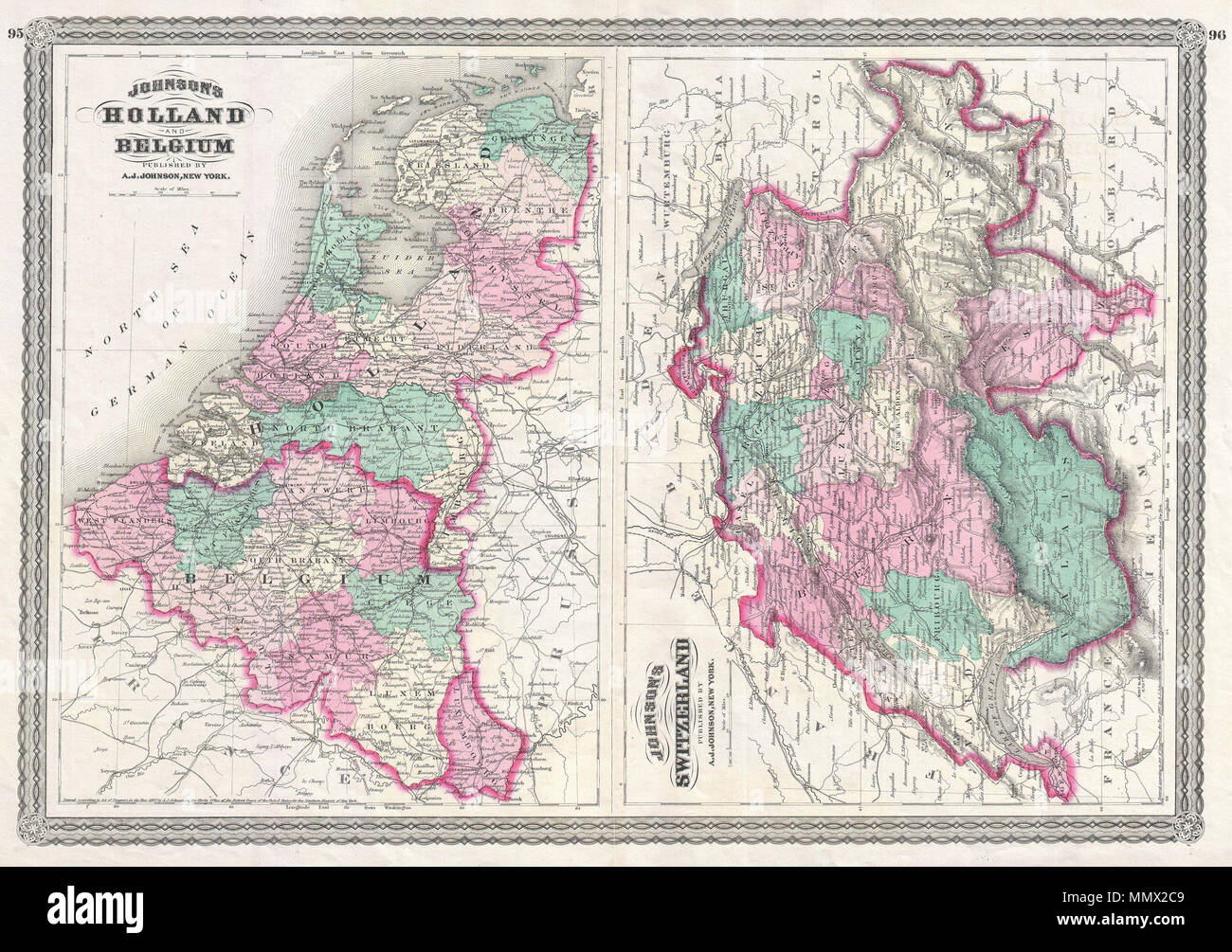 Englisch: Dies ist A.J.Johnson 1870 Karte der Schweiz, Holland (Niederlande)  und Belgien. Dies ist eigentlich ein Composite auf einem einzigen folio  Blatt aus zwei Karten früher auf einem eigenen Blatt ausgegeben.