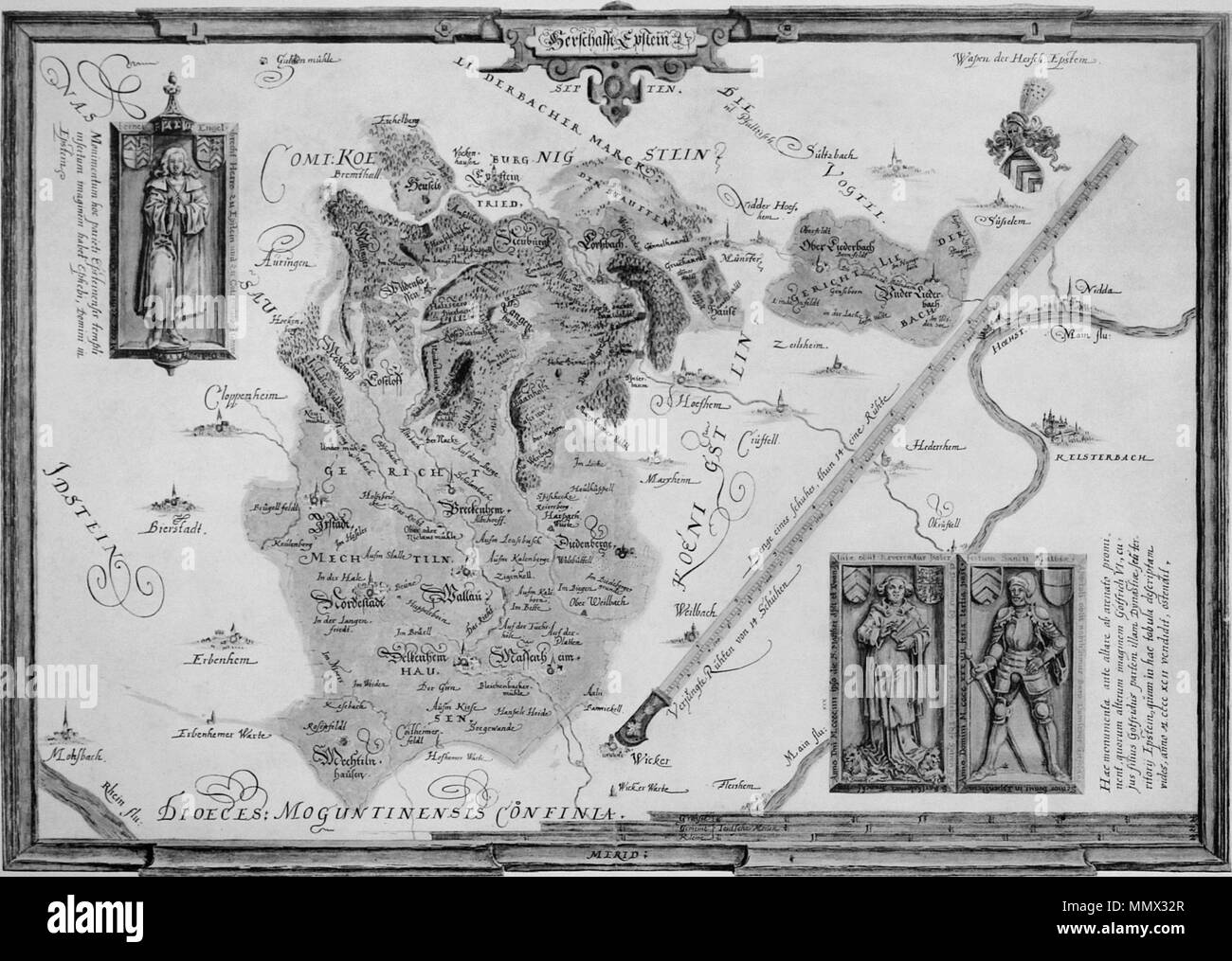 . English: Landtafel der Herrschaft Eppstein (Generaltafel). Entstanden 1607/09. Gr. 33,8 × 48,2 cm. Titel (als Kartusche oben im Rahmen): "herschafft Epstein". Abbildungen: drei Grabsteine aus der Kirche in Eppstein, Ihr Browser kann leider keine eingebetteten Frames anzeigen links Engelbrecht von E.(† 1494), unten rechts Adolf von E., erwählter Bischof von Speyer († 1434) und Gottfried-von-E. († 1437). Wappen der Herren von Eppstein: drei rote Sparren in Silber, mit dem Helm umgeschlagener Hütte mit Pfauenfederbusch besteckt. Farbgebung: Feld braungelb mit hellgrünlichem Rand, Wald grün mit goldenen Tupfen, außerhalb Blau; Gewässer; olivgrün auße Stockfoto