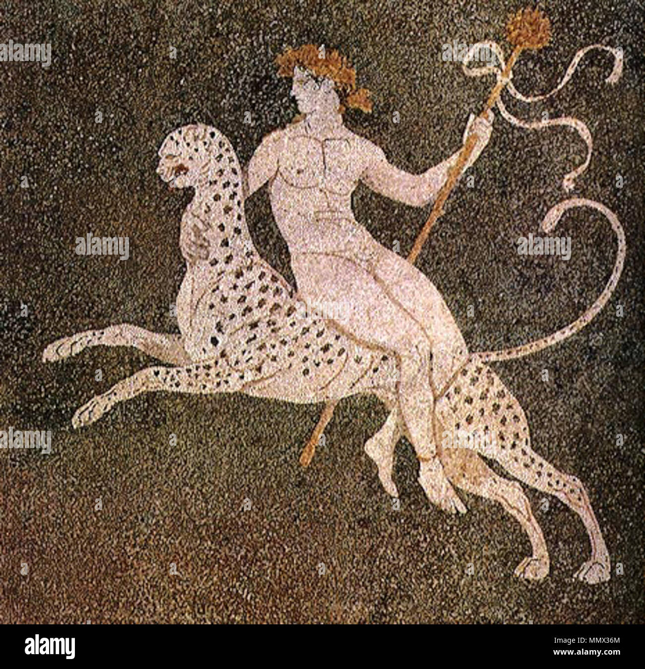 . Englisch: Dionysos, ein Gepard, Mosaikboden im 'Haus des Dionysos in Pella, Ende des 4. Jh. v. Chr., Pella, archäologischen Museum. . IV-III-BC. Unbekannte Dionysos Mosaik von Gozzano Stockfoto