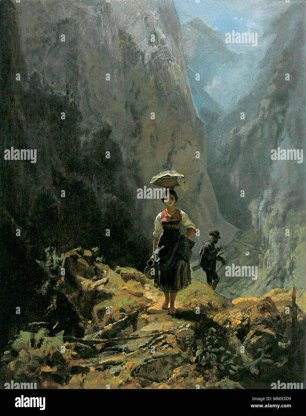 English: Dirndl und Jäger im Gebirge Dirndl und Jaeger im Gebirge (Carl Spitzweg) Stockfoto