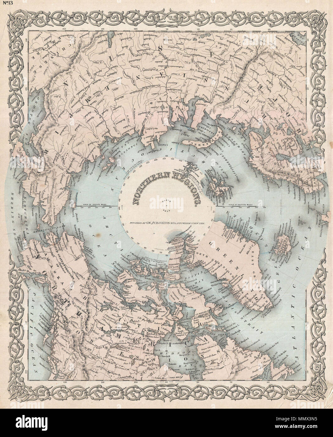 . Englisch: eine selten gesehene Variante des Coltons Karte der Nordpol oder Arktis. Abdeckungen der Baikalsee, die Hudson Bay, die Britischen Inseln und Kamchatka Nord zum Südpol. Gibt in der Regel einen ausgezeichneten Überblick über den Stand der Arctic Exploration und Entdeckung auf etwa 1873. Während Colton selten seine Urheberrechte er update seine Karten die jüngsten politischen Veränderungen, Erkundungen aktualisiert, und Entdeckungen. Coltons Mapping der Arktis, erstmals im Jahre 1855 veröffentlicht und anschließend aktualisiert obwohl die 1870s bietet eine wertvolle Aufzeichnung von Arctic Exploration. Dieses besondere Beispiel, Oste Stockfoto