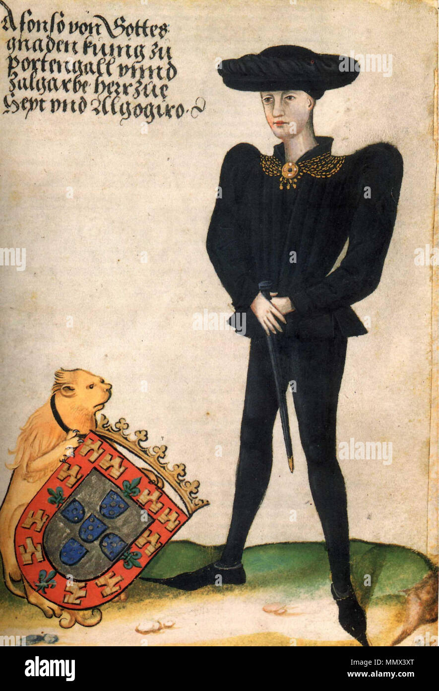 . Englisch: König Afonso V. von Portugal, Hand - farbige Skizze vom Journal der Georg-von-Ehingen (1428-1508), das derzeit von der Württembergischen Landesbibliothek in Stuttgart statt. George von Ehingen war eine Deutsche schwäbischen Ritter, der kurz den portugiesischen König Afonso V in Ceuta in 1458-59 serviert. Der Autor der Skizze ist ungewiss, aber es war im Manuskript von Ehingen den Memoiren um 1470, oder vielleicht ein wenig später, derzeit in Stuttgart geschrieben. Ein holzschnitt auf diese Skizze basiert, die in der gedruckten Version von Ehingen den Memoiren gefunden, das Itinerarium, 1600 veröffentlicht in Stockfoto