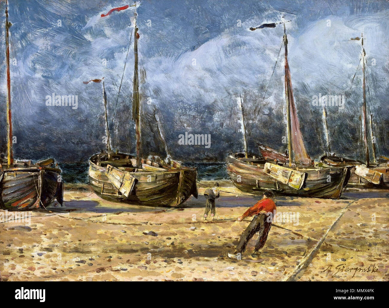 Fischerboote am Ufer.. vierte Quartal des 19. Jahrhunderts. Gierymski Fischerboote am Ufer Stockfoto