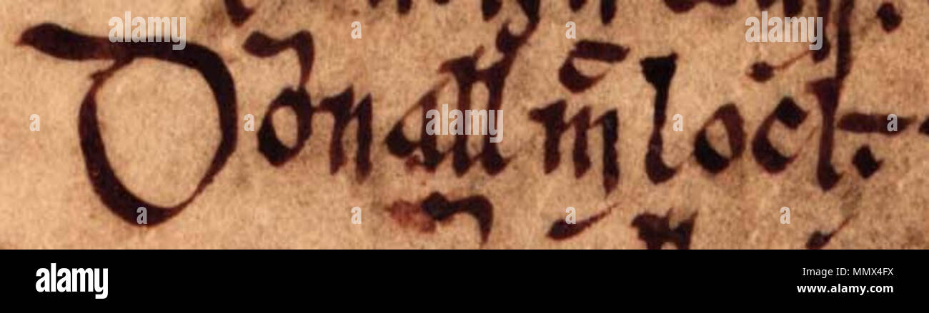 . Englisch: Ein Auszug aus Folio 19r von Oxford Bodleian Library MS Rawlinson B 488 (Geschichte der Tigernach). Der Auszug bezieht Domnall Mac Lochlainn, König von Cenél nEógain (gestorben 1121). Der Auszug lautet: "omnall mac Lochlainn'. . Zwischen dem 14. und 17. Jahrhundert. Unbekannte Domnall Mac Lochlainn (Oxford Bodleian Library MS Rawlinson B 488, Folio 19r) Stockfoto
