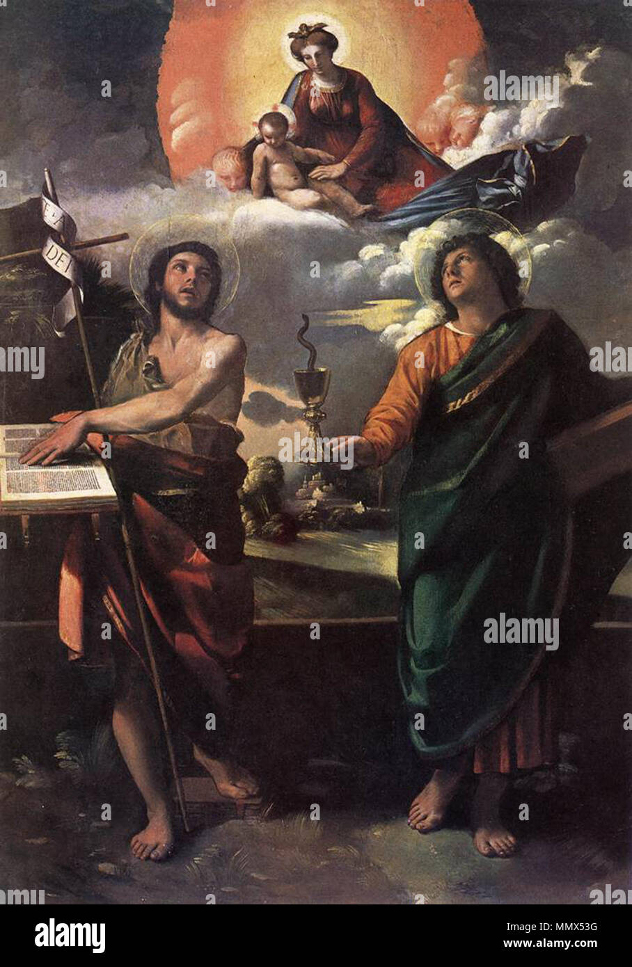 Die Jungfrau erscheint hll. Johannes der Täufer und Johannes der Evangelist. 1520er. Dosso Dossi 034 Stockfoto