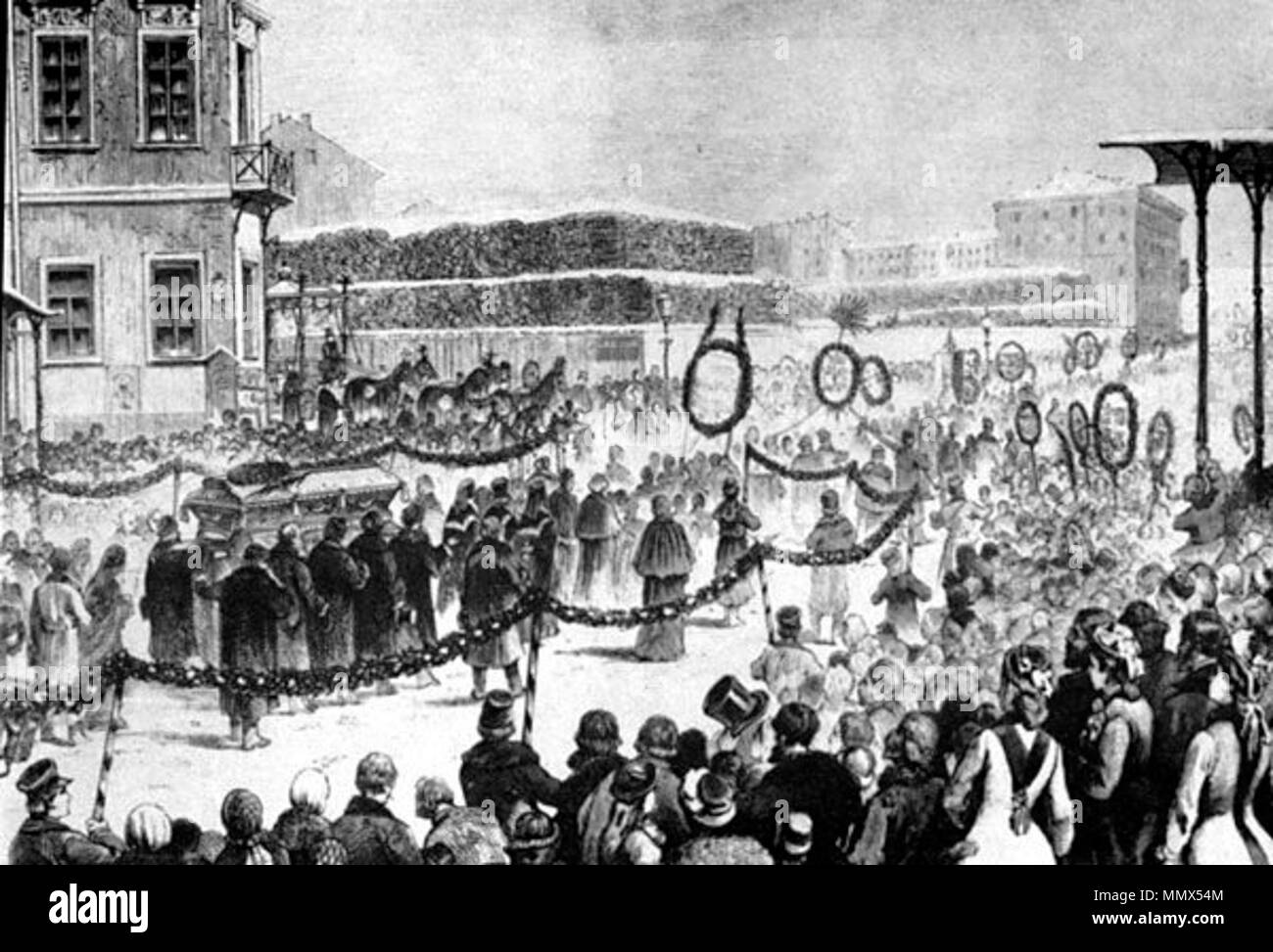 . Englisch: Dostojewskis Begräbnis, mit mehr als 60.000 Besuchern, Zeichnung von V. Porfiryev. . 11. April 2012. V. Porfiryev Dostojewskis Beerdigung Stockfoto