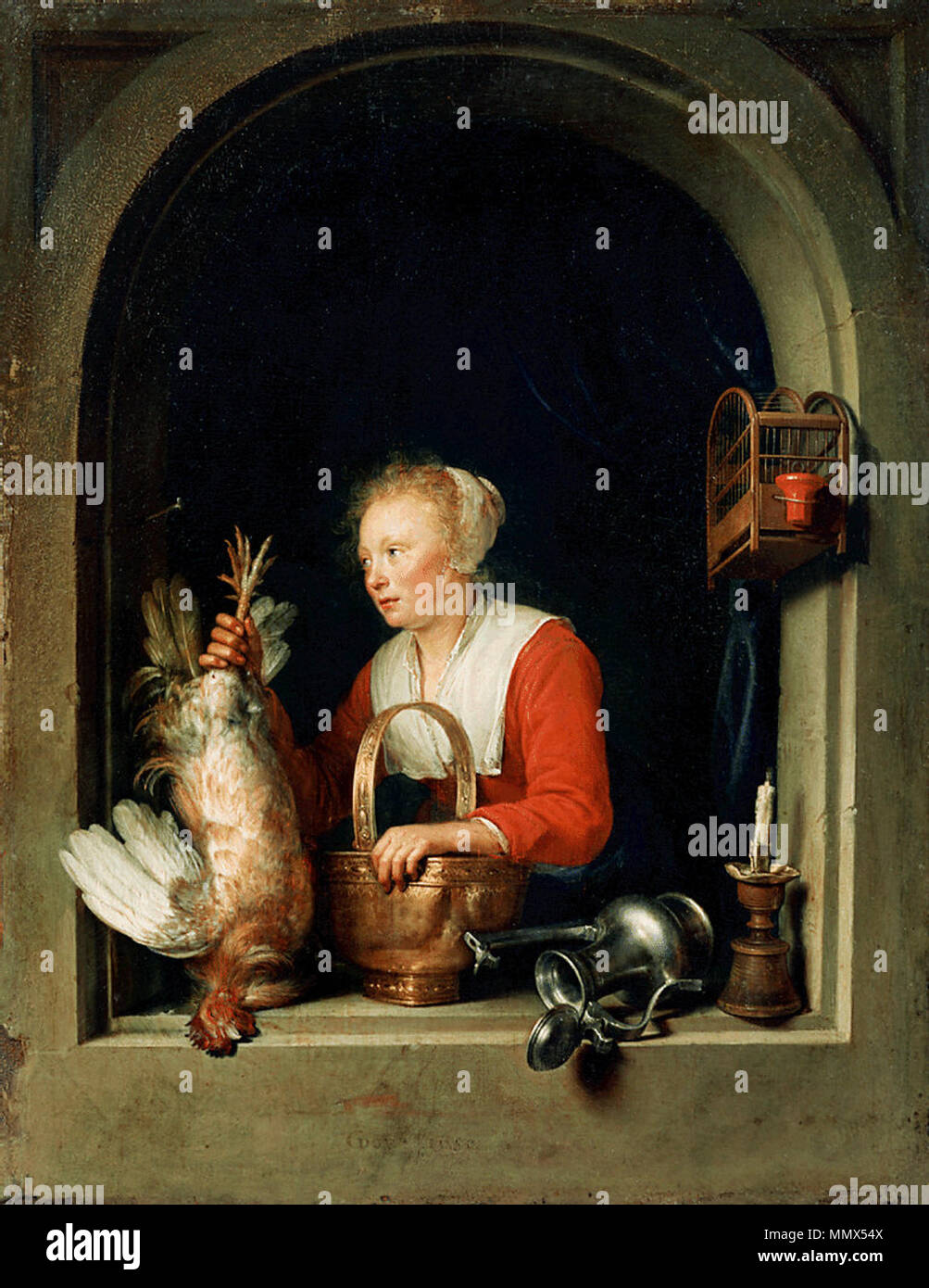 Die niederländische Hausfrau. 1650. Gerrit Dou-De Hollandse huisvrouw Stockfoto