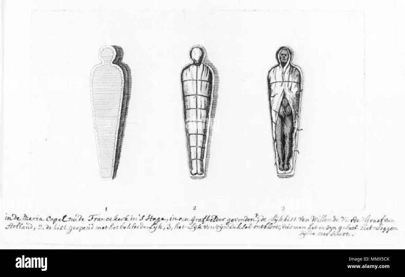 . Nederlands: Drie afbeeldingen van de lijkkist en het lijk van Willem IV, Graaf van Holland (1318-1345), aangetroffen Bij de opgravingen in de Hofkapel op het Binnenhof in 1770. . 1778. Philips, Casper Jacobsz. (1732-1789) naar Frese, A. (1714-1788) Drie afbeeldingen van de lijkkist en het lijk van Willem IV Stockfoto