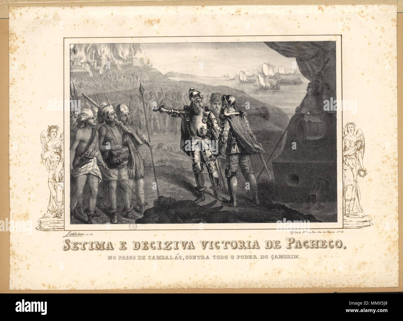 . Englisch: etima e deciziva Victoria de Pacheco, keine Passo de Cambalão, contra todo o poder tun Camorim' (TRANS: "Der 7. und entscheidenden Sieg von Pacheco am Pass von Kumbalam, gegen alle Macht des Zamorin"). Portugiesische 1840 Lithographie, das den endgültigen Sieg der Portugiesischen commander Duarte Pacheco Pereira über den Zamorin von Calicut in der Schlacht von Cochin (1504). 1840. Maurício José do Carmo Sendim (1786-1870) Duarte Pacheco's Sieg bei der Schlacht von Cochin (1504) Stockfoto