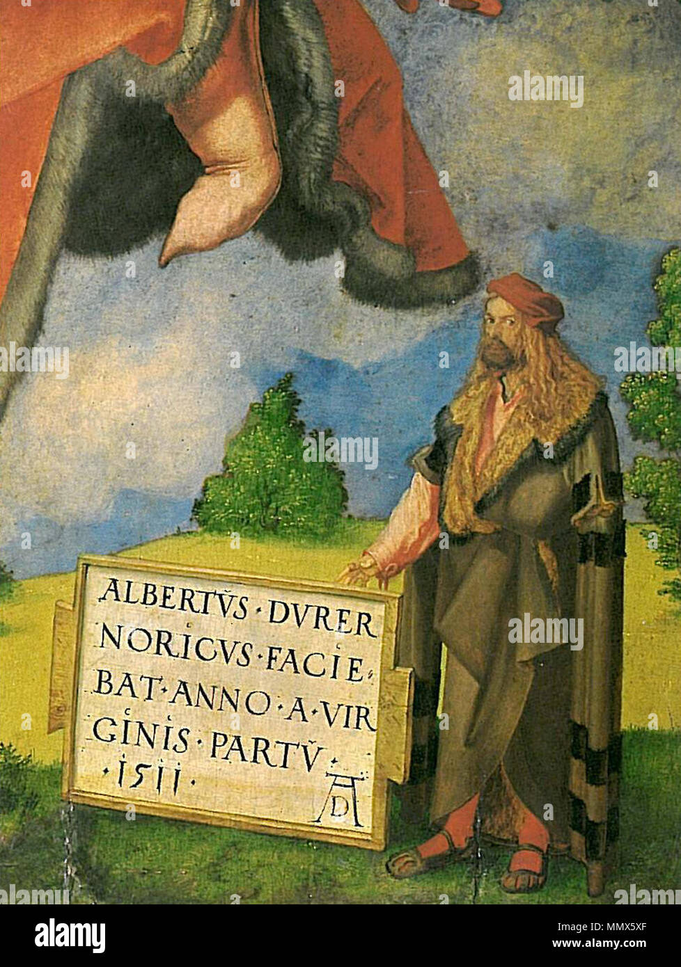 English: Landauer Altar, rechts unten: Selbstporträt Dürers detail. ca. 1509-1516. Dürer Dreifaltigkeitsaltar Stockfoto