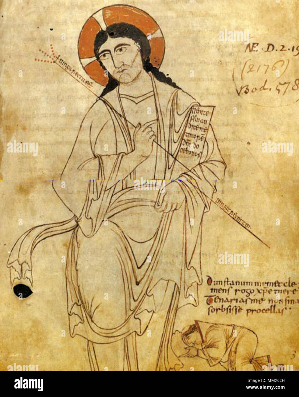 . St. Dunstan betete vor Christus. Der Text lautet Dunstanum memet Clemens rogo Christe Türe, Tenarias mich nicht Sinas sorbsisse procellas (erinnern Sie sich, ich bitte Dich, barmherzigen Christus, Dunstan zu schützen, und dass die Stürme der Unterwelt mich bis zu schlucken). St. Dunstan DunstanLarge Stockfoto