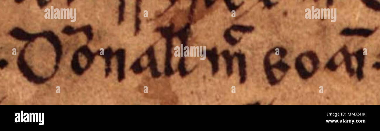 . Englisch: Der Name des Dyfnwal ap Owain, König der Cumbrians (gestorben 975), wie es auf Folio 15r von Oxford Bodleian Library MS Rawlinson B 488 wird angezeigt (die Annalen der Tigernach): "Eoain omnall Mac". . Zwischen dem 14. und 17. Jahrhundert. Unbekannte Dyfnwal ab Owain (Oxford Bodleian Library MS Rawlinson B 488, Folio 15r) Stockfoto