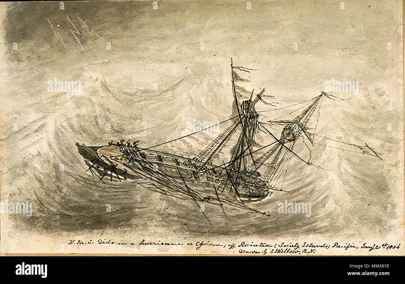 . Englisch: HMS Dido in einem Hurrikan oder Zyklon, Raiatea (Gesellschaftsinseln) Pacific, janry 21 1856. . Datum unbekannt. E. J. Kellow E. J. Kellow, HMS Dido in einem Hurrikan oder Zyklon, Raiatea (Gesellschaftsinseln) Pacific, janry 21 1856 Stockfoto